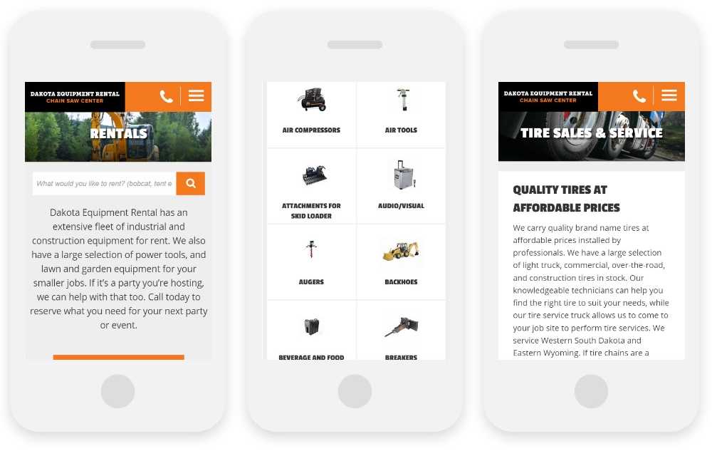Dakota Equipment Rental responsive website shown on three phone screens