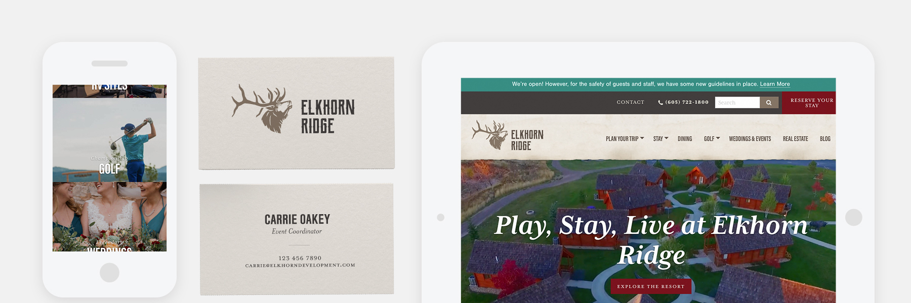 Elkhorn Ridge business cards and website on phone and tablet