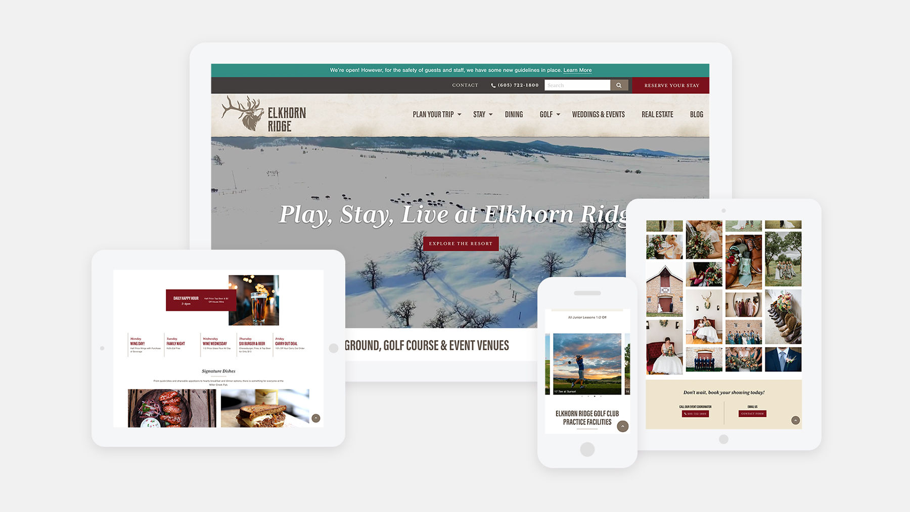 Elkhorn Ridge website on 4 devices: desktop, ipad vertical, ipad landscape, and mobile