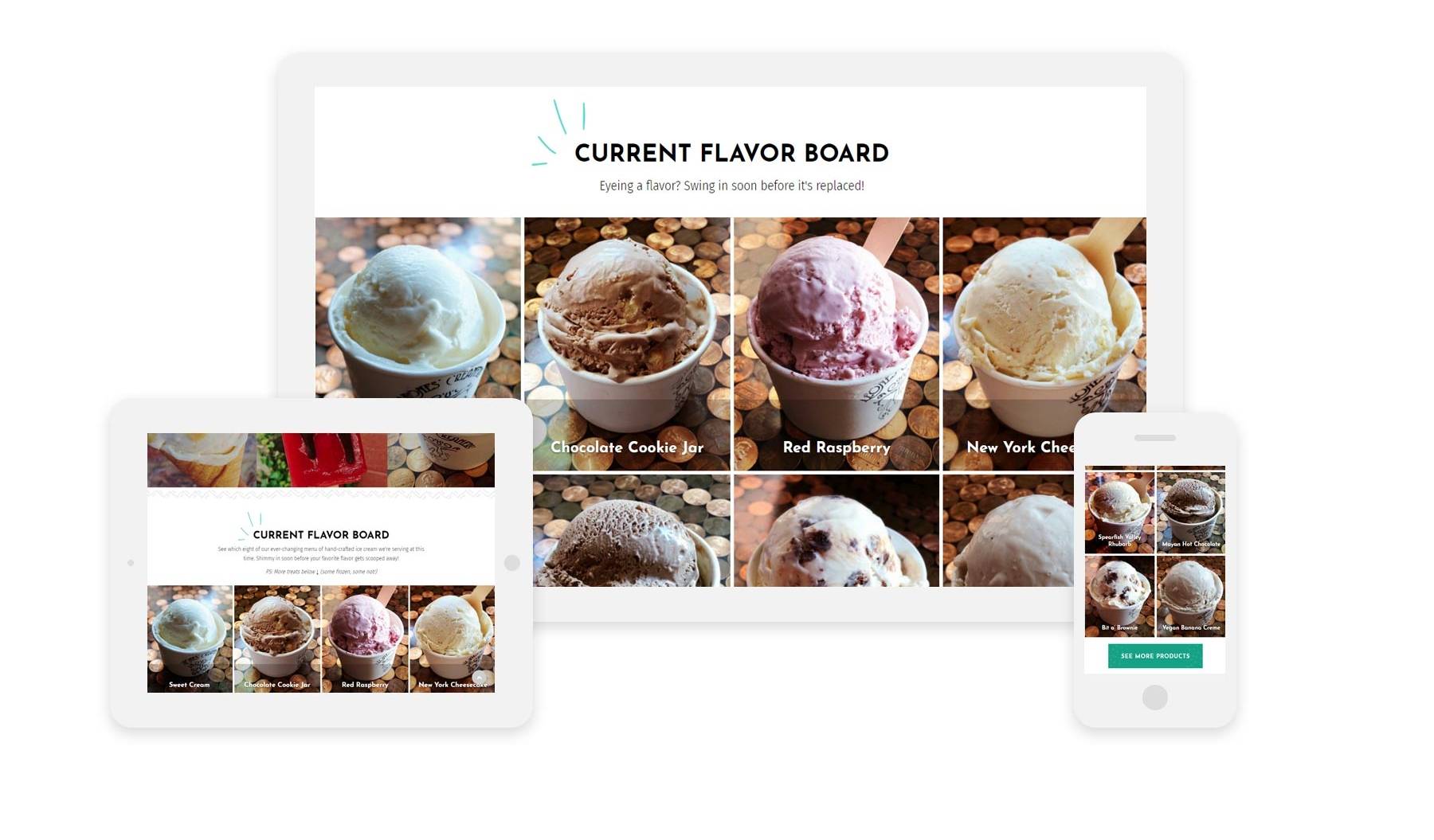 Leones' Creamery website showing Flavor Board on 3 devices: desktop, ipad landscape, and mobile