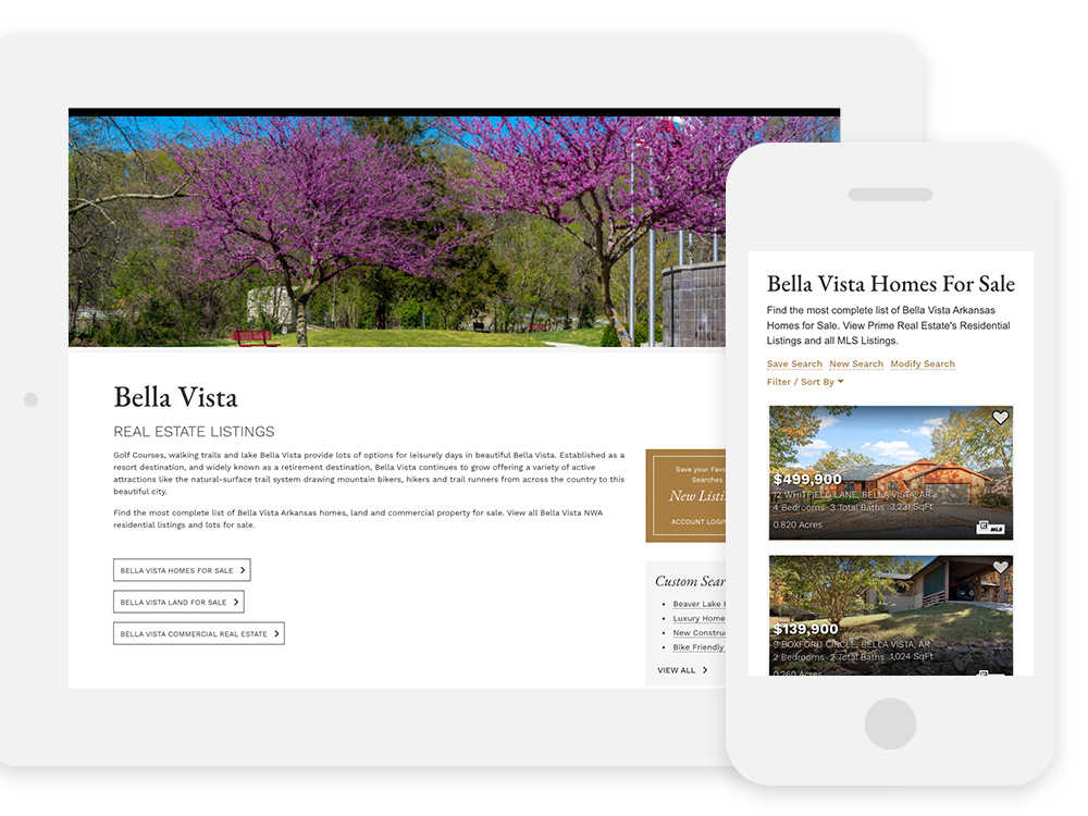 Prime Real Estate custom landing page on tablet and listings page on phone