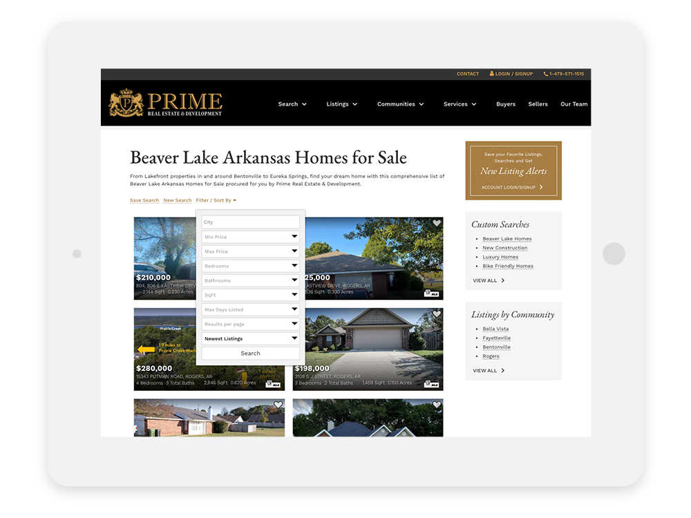 Prime Real Estate Homes for Sale page on tablet